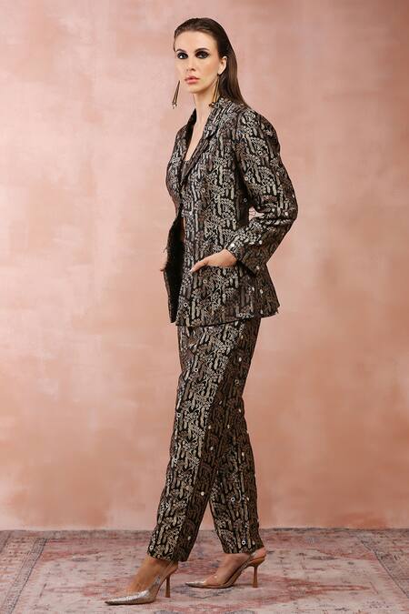 Shop Payal Singhal Black Brocade Woven Floral Shawl Collar Jacket Pant Set Online at Aza Fashions Shop_Payal Singhal_Black Brocade Woven Floral Shawl Collar Jacket Pant Set_Online_at_Aza_Fashions