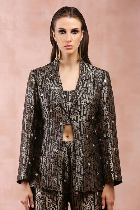 Payal Singhal Black Brocade Woven Floral Shawl Collar Jacket Pant Set at Aza Fashions Payal Singhal_Black Brocade Woven Floral Shawl Collar Jacket Pant Set_at_Aza_Fashions