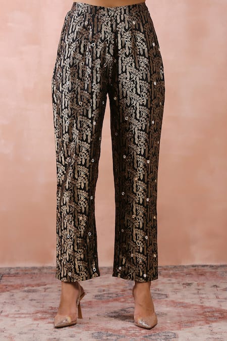 Buy Payal Singhal Black Brocade Woven Floral Shawl Collar Jacket Pant Set Buy_Payal Singhal_Black Brocade Woven Floral Shawl Collar Jacket Pant Set