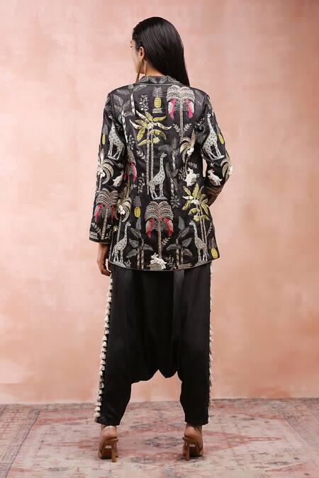 Payal Singhal_Black Satin Embroidery Zari Open Safari Jacket Pant Set _Online_at_Aza_Fashions