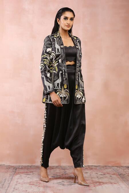 Buy_Payal Singhal_Black Satin Embroidery Zari Open Safari Jacket Pant Set _Online_at_Aza_Fashions