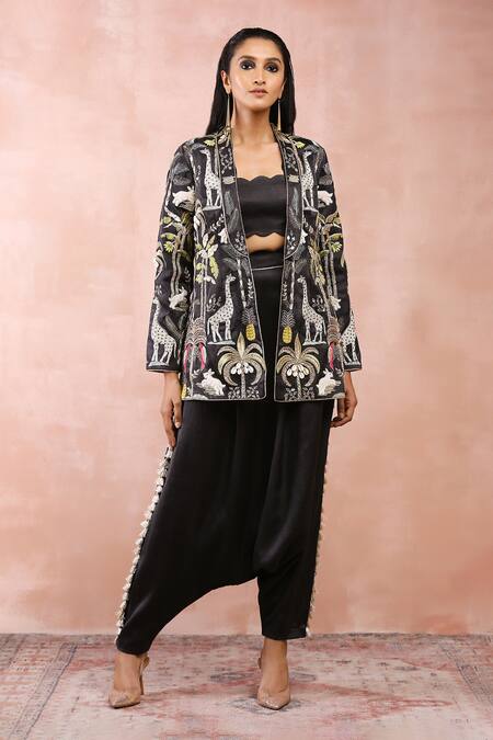 Shop_Payal Singhal_Black Satin Embroidery Zari Open Safari Jacket Pant Set _Online_at_Aza_Fashions