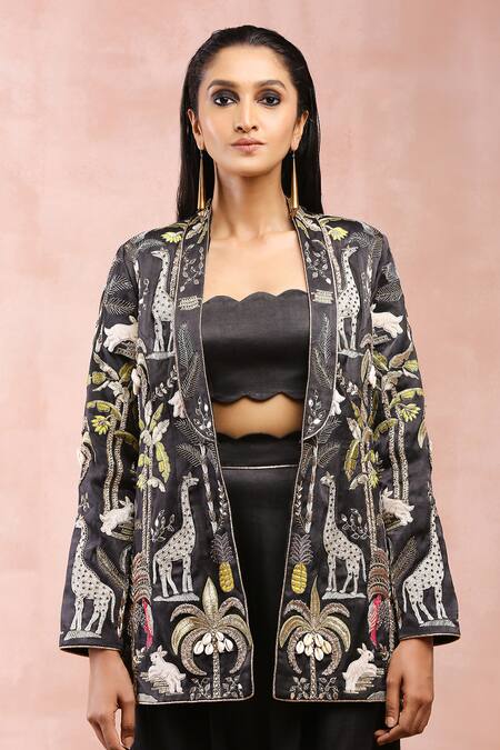 Payal Singhal_Black Satin Embroidery Zari Open Safari Jacket Pant Set _at_Aza_Fashions
