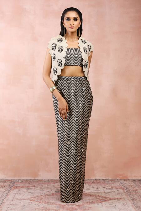 Buy_Payal Singhal_Gold Crushed Tissue Embroidery Mirror Cape Open Bustier Jacket Skirt Set _Online_at_Aza_Fashions