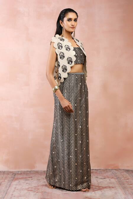 Shop_Payal Singhal_Gold Crushed Tissue Embroidery Mirror Cape Open Bustier Jacket Skirt Set _Online_at_Aza_Fashions