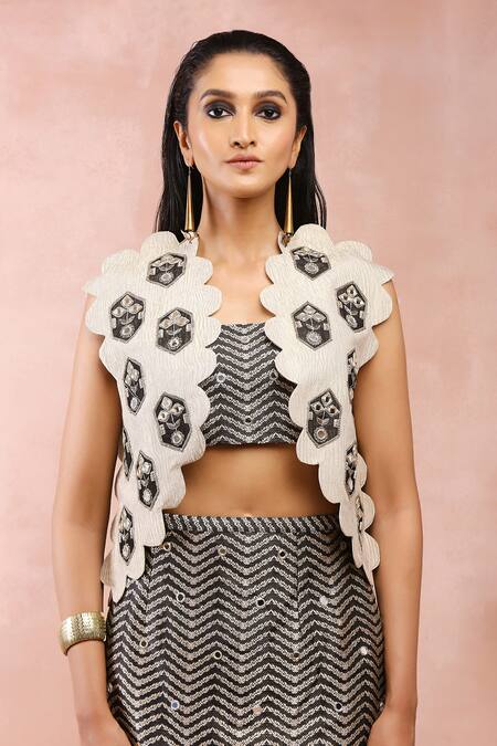Payal Singhal_Gold Crushed Tissue Embroidery Mirror Cape Open Bustier Jacket Skirt Set _at_Aza_Fashions