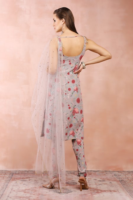 Payal Singhal_Grey Crepe Printed Gulbagh U Neck Kurta Set _Online_at_Aza_Fashions
