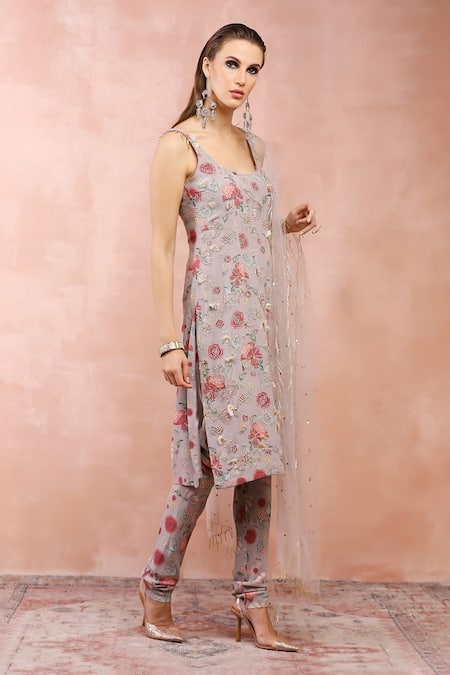 Buy_Payal Singhal_Grey Crepe Printed Gulbagh U Neck Kurta Set _Online_at_Aza_Fashions