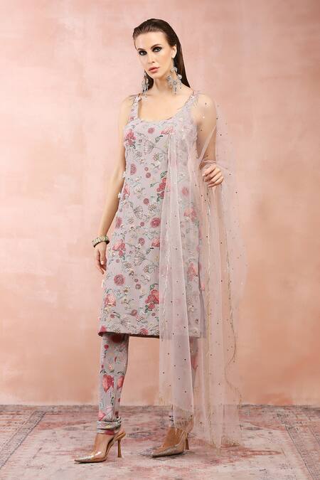Shop_Payal Singhal_Grey Crepe Printed Gulbagh U Neck Kurta Set _Online_at_Aza_Fashions