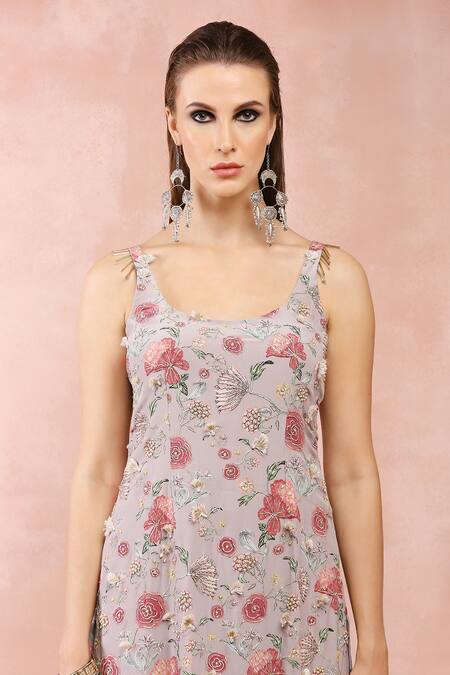 Payal Singhal_Grey Crepe Printed Gulbagh U Neck Kurta Set _at_Aza_Fashions