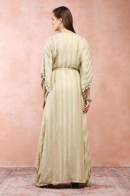 Shop Payal Singhal Gold Banarasi Georgette Woven Stripe V Neck Kaftan at Aza Fashions Shop_Payal Singhal_Gold Banarasi Georgette Woven Stripe V Neck Kaftan_at_Aza_Fashions