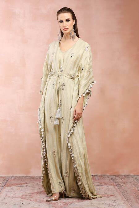 Payal Singhal Gold Banarasi Georgette Woven Stripe V Neck Kaftan Online at Aza Fashions Payal Singhal_Gold Banarasi Georgette Woven Stripe V Neck Kaftan_Online_at_Aza_Fashions