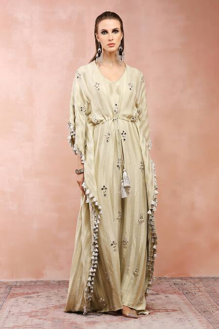 Buy Payal Singhal Gold Banarasi Georgette Woven Stripe V Neck Kaftan Online at Aza Fashions Buy_Payal Singhal_Gold Banarasi Georgette Woven Stripe V Neck Kaftan_Online_at_Aza_Fashions