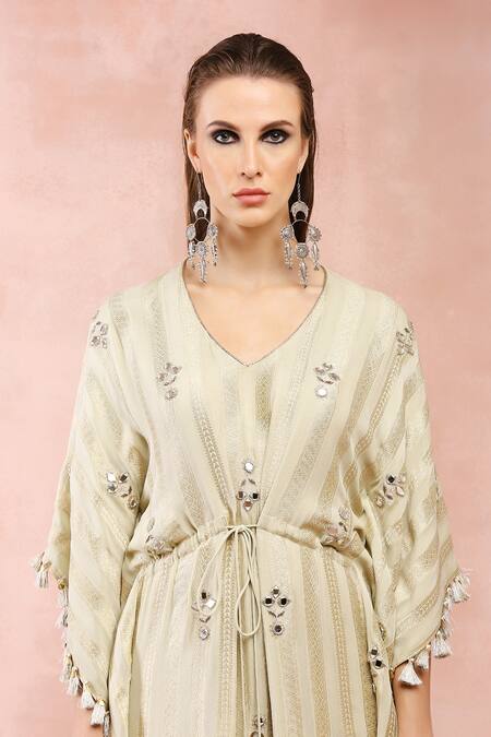 Shop Payal Singhal Gold Banarasi Georgette Woven Stripe V Neck Kaftan Online at Aza Fashions Shop_Payal Singhal_Gold Banarasi Georgette Woven Stripe V Neck Kaftan_Online_at_Aza_Fashions