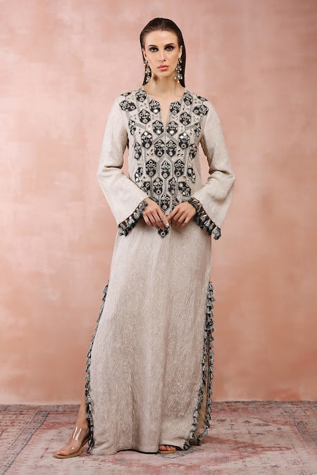 Payal Singhal Gold Crushed Tissue Embroidery Mirror Notched Kaftan 