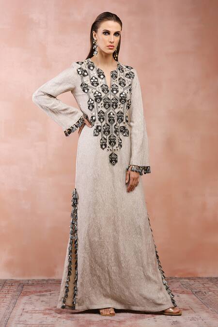 Payal Singhal_Gold Crushed Tissue Embroidery Mirror Notched Kaftan_Online_at_Aza_Fashions