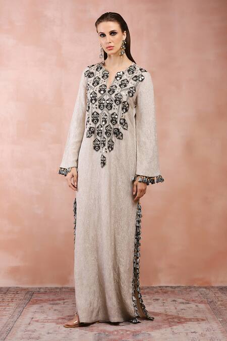Buy_Payal Singhal_Gold Crushed Tissue Embroidery Mirror Notched Kaftan_Online_at_Aza_Fashions