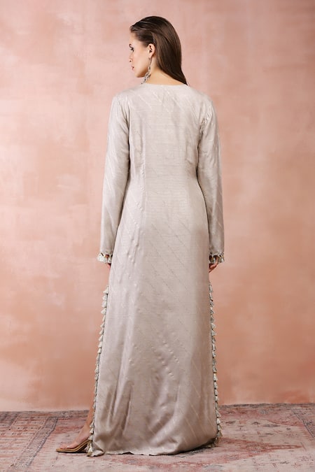Payal Singhal_Grey Dola Silk Embroidery Gota Notched Bagh Kaftan _Online_at_Aza_Fashions