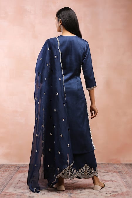 Payal Singhal_Blue Satin, Organza Embroidery, Zari, Gota Patti Split V-neck Bagh Kurta Set _Online_at_Aza_Fashions