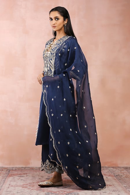 Shop_Payal Singhal_Blue Satin, Organza Embroidery, Zari, Gota Patti Split V-neck Bagh Kurta Set _Online_at_Aza_Fashions