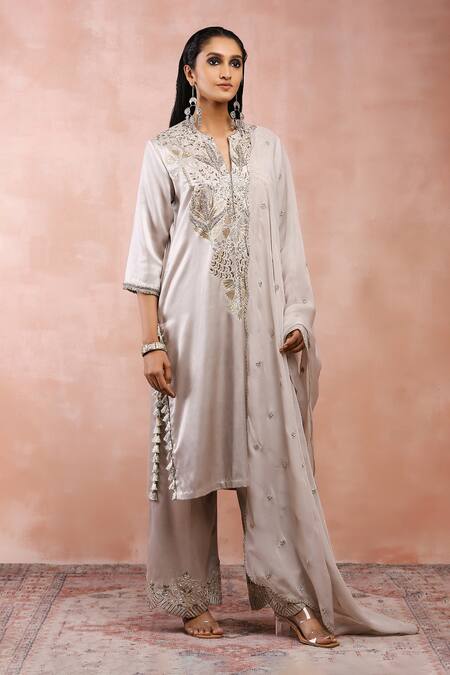 Shop_Payal Singhal_Grey Satin Embroidery Zari Thread Notched Bagh Floral Kurta Set _Online_at_Aza_Fashions