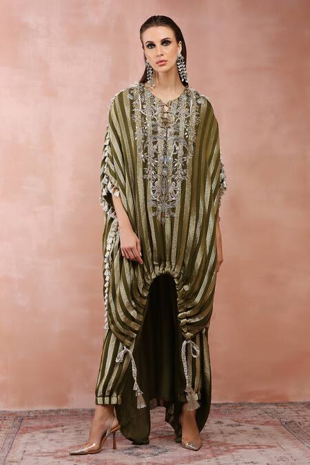 Payal Singhal_Green Banarasi Georgette Woven Stripe Keyhole Kaftan And Joggers Pant Set_Online_at_Aza_Fashions