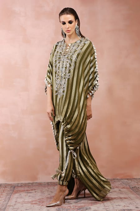 Buy_Payal Singhal_Green Banarasi Georgette Woven Stripe Keyhole Kaftan And Joggers Pant Set_Online_at_Aza_Fashions
