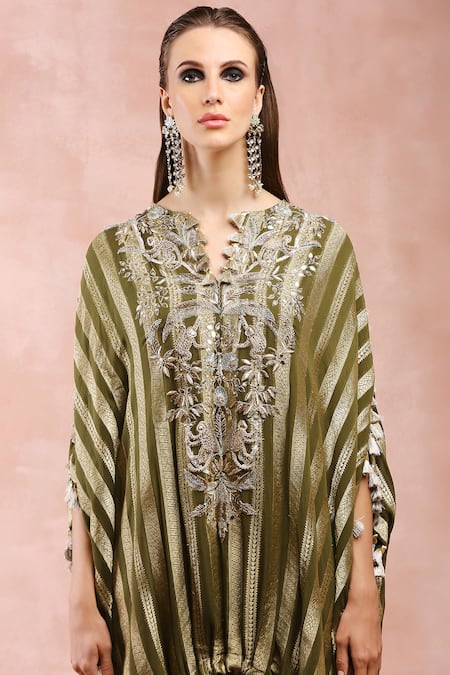 Shop_Payal Singhal_Green Banarasi Georgette Woven Stripe Keyhole Kaftan And Joggers Pant Set_Online_at_Aza_Fashions