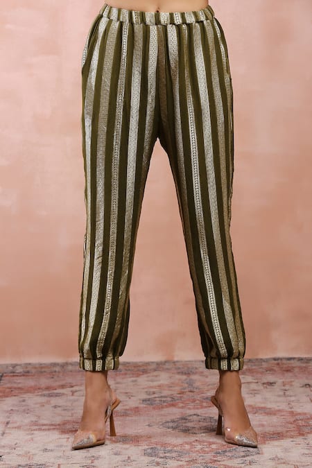 Payal Singhal_Green Banarasi Georgette Woven Stripe Keyhole Kaftan And Joggers Pant Set_at_Aza_Fashions
