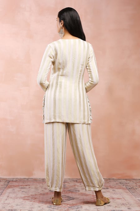 Payal Singhal_Off White Banarasi Georgette Embroidered And Woven Gold Stripe Kurta & Pant Set _Online_at_Aza_Fashions
