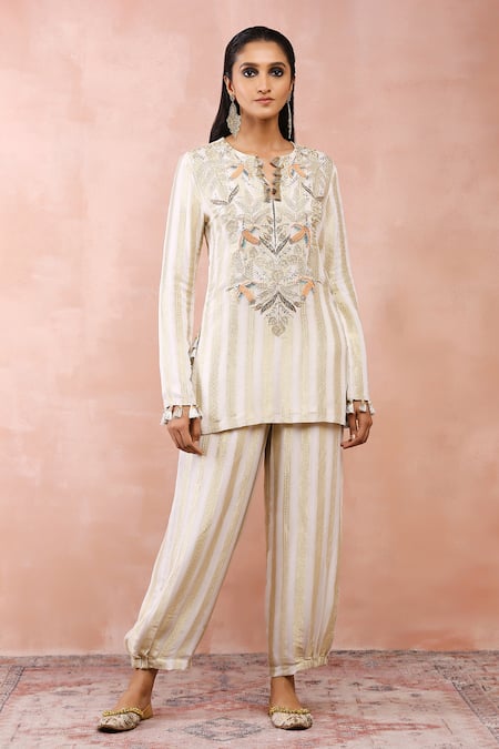 Buy_Payal Singhal_Off White Banarasi Georgette Embroidered And Woven Gold Stripe Kurta & Pant Set _Online_at_Aza_Fashions