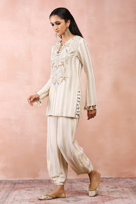 Shop_Payal Singhal_Off White Banarasi Georgette Embroidered And Woven Gold Stripe Kurta & Pant Set _Online_at_Aza_Fashions