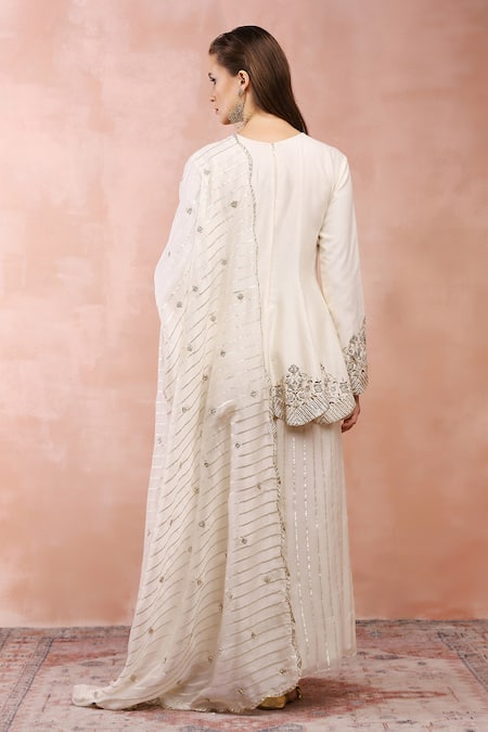 Payal Singhal_Off White Silkmul Embroidered And Woven Gold Stripe Peplum Kurta Palazzo Set _Online_at_Aza_Fashions