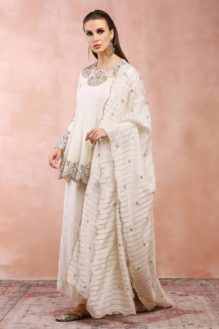 Buy_Payal Singhal_Off White Silkmul Embroidered And Woven Gold Stripe Peplum Kurta Palazzo Set _Online_at_Aza_Fashions