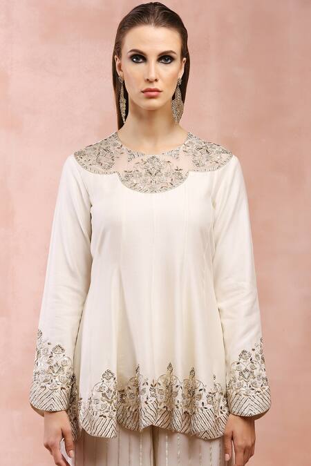 Shop_Payal Singhal_Off White Silkmul Embroidered And Woven Gold Stripe Peplum Kurta Palazzo Set _Online_at_Aza_Fashions
