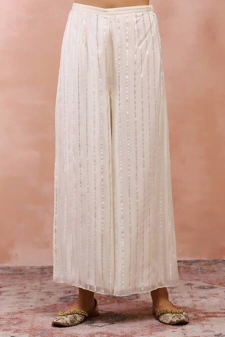 Payal Singhal_Off White Silkmul Embroidered And Woven Gold Stripe Peplum Kurta Palazzo Set _at_Aza_Fashions