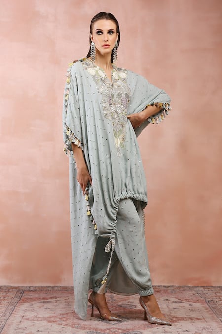 Payal Singhal Blue Georgette Embroidered Kaftan And Joggers Pant Set 