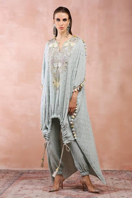 Buy Payal Singhal Blue Georgette Embroidered Work Kaftan And Joggers Pant Set Online at Aza Fashions Buy_Payal Singhal_Blue Georgette Embroidered Work Kaftan And Joggers Pant Set _Online_at_Aza_Fashions