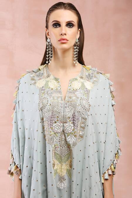 Shop Payal Singhal Blue Georgette Embroidered Work Kaftan And Joggers Pant Set Online at Aza Fashions Shop_Payal Singhal_Blue Georgette Embroidered Work Kaftan And Joggers Pant Set _Online_at_Aza_Fashions