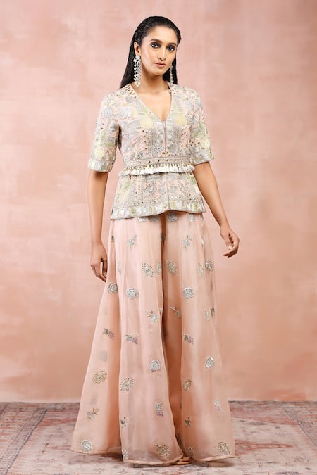 Payal Singhal Pink Georgette Embroidered Zari V Floral Peplum Blouse And Sharara Set 