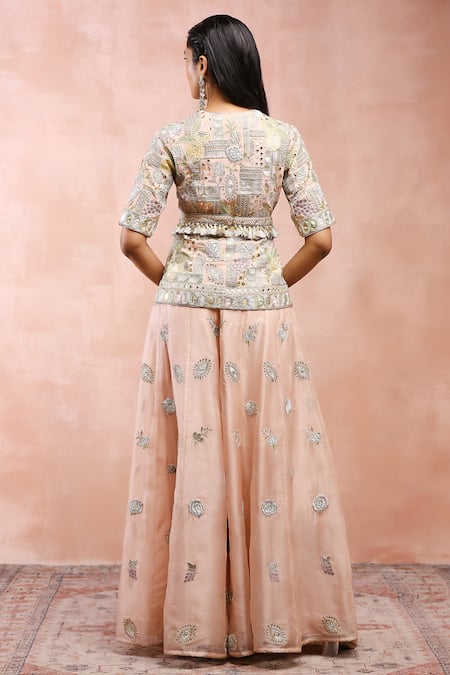 Payal Singhal_Pink Georgette, Organza Embroidery, Sequins, Floral Peplum Blouse And Sharara Set _Online_at_Aza_Fashions