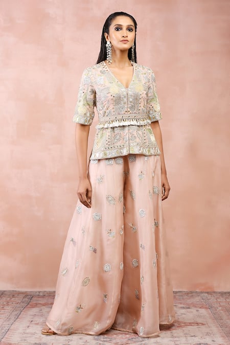 Buy_Payal Singhal_Pink Georgette, Organza Embroidery, Sequins, Floral Peplum Blouse And Sharara Set _Online_at_Aza_Fashions