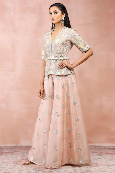 Shop_Payal Singhal_Pink Georgette, Organza Embroidery, Sequins, Floral Peplum Blouse And Sharara Set _Online_at_Aza_Fashions