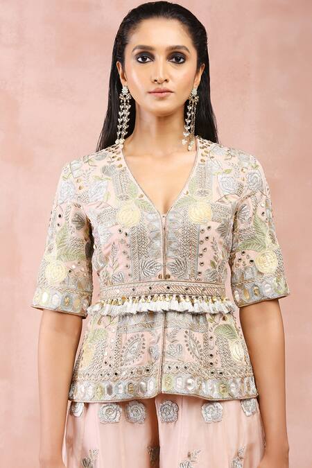 Payal Singhal_Pink Georgette, Organza Embroidery, Sequins, Floral Peplum Blouse And Sharara Set _at_Aza_Fashions