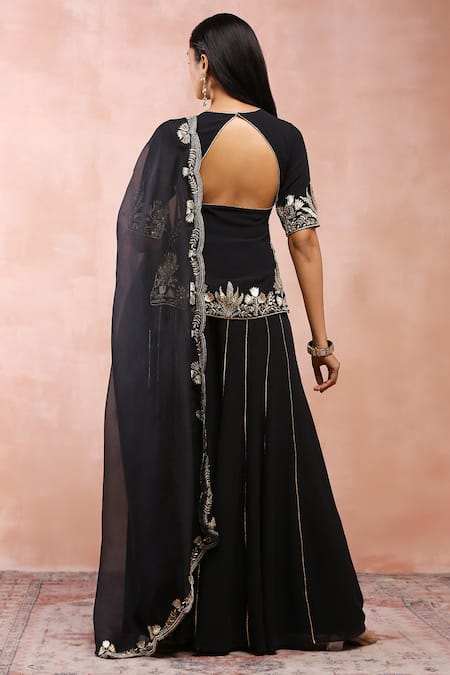 Payal Singhal_Black Georgette Embroidered Zari Notched Round Neck Bagh Kurta Sharara Set _Online_at_Aza_Fashions