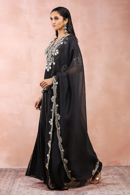 Shop_Payal Singhal_Black Georgette Embroidered Zari Notched Round Neck Bagh Kurta Sharara Set _Online_at_Aza_Fashions