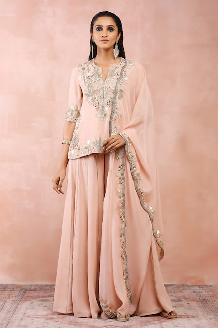 Payal Singhal Pink Georgette Embroidered Zari Notched Round Bagh Resham Kurta Sharara Set 