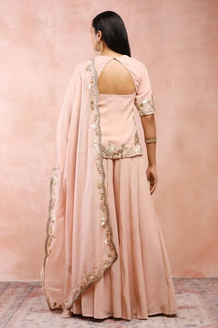 Payal Singhal_Pink Georgette Embroidered Zari Notched Round Bagh Resham Kurta Sharara Set _Online_at_Aza_Fashions