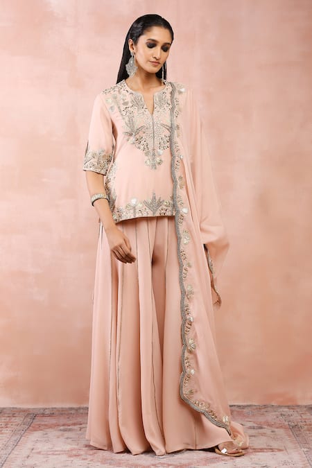 Buy_Payal Singhal_Pink Georgette Embroidered Zari Notched Round Bagh Resham Kurta Sharara Set _Online_at_Aza_Fashions