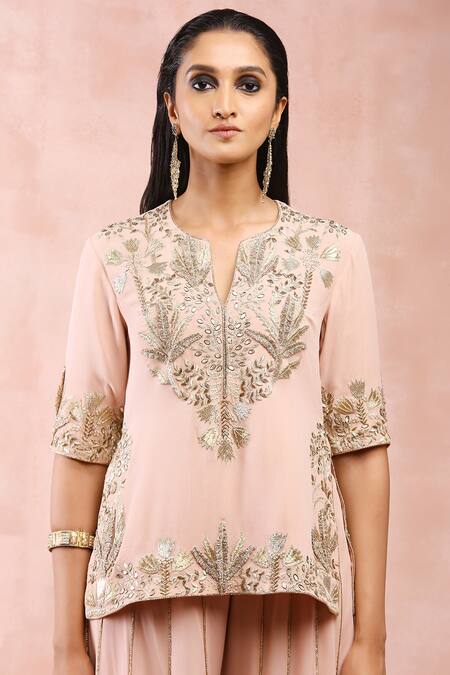 Payal Singhal_Pink Georgette Embroidered Zari Notched Round Bagh Resham Kurta Sharara Set _at_Aza_Fashions